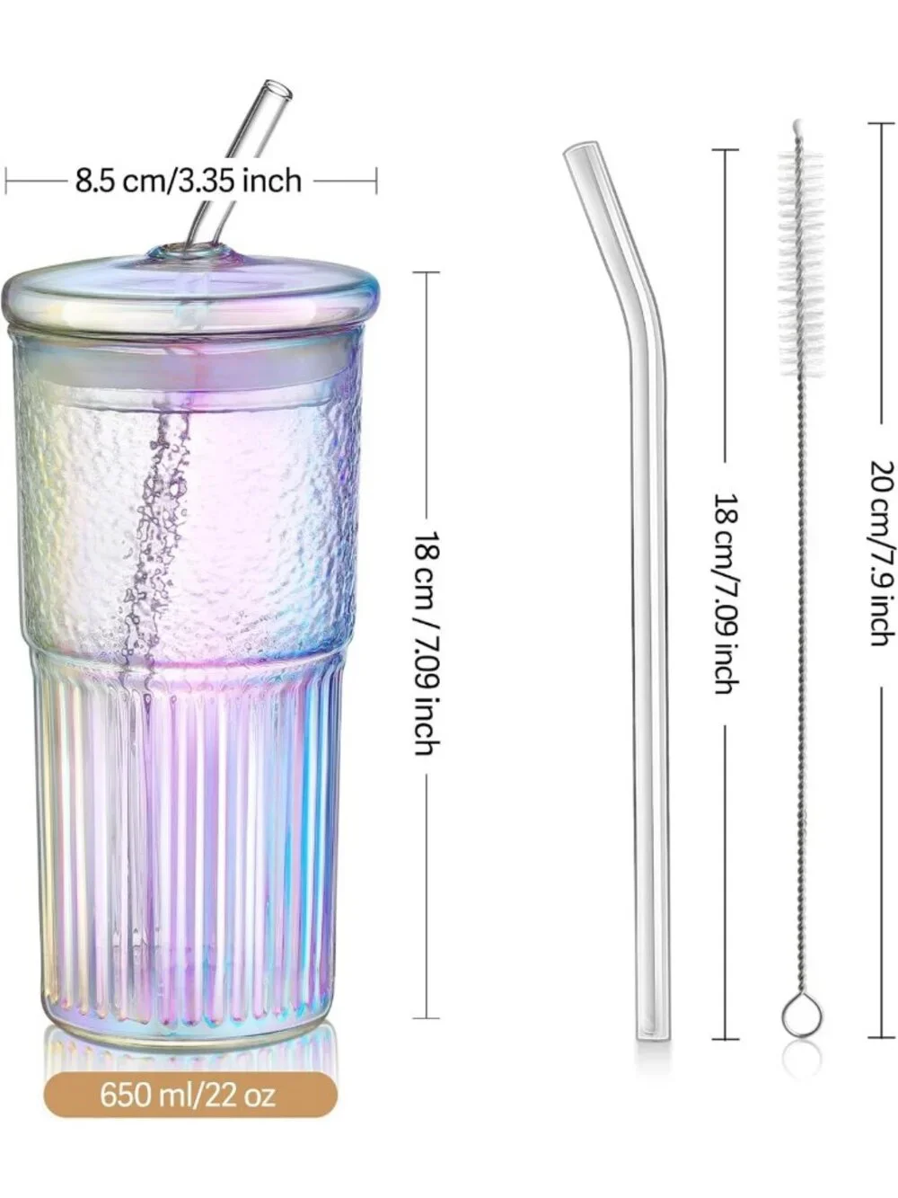 Iridescent 22oz Glass Tumbler with Straw & Lid - Ribbed Design, Perfect for